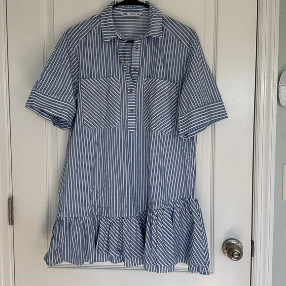 Zara Blue and Cream Striped Mini Dress Ruffle Frill Size Small Oversized - Picture 3 of 9